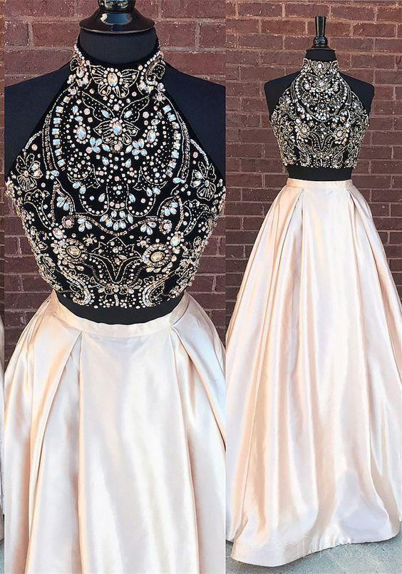 Sexy Two Pieces Delicate Beaded Black Top Blush Pink Skirt Long Evening Prom Dresses, Popular Cheap Long 2018 Party Prom Dresses, 17283