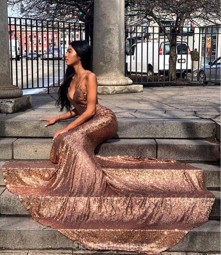 Spaghetti Straps Rose Gold Mermaid Evening Prom Dresses, Evening Party Prom Dresses, 12212