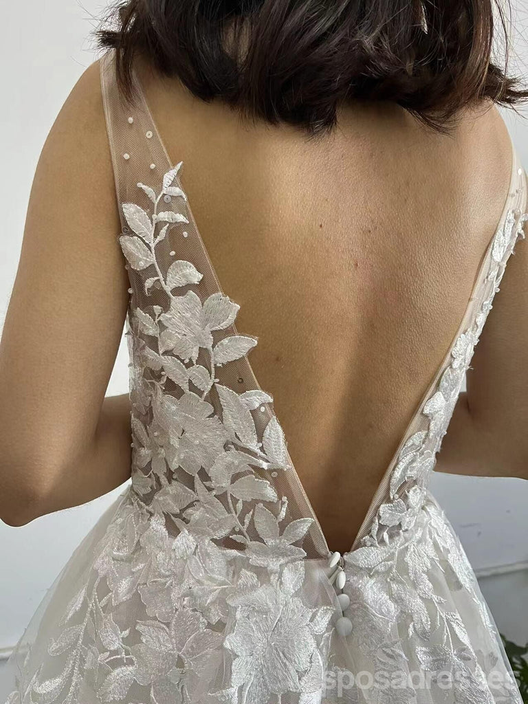 Straps A-line Open Back V-neck Handmade Lace Wedding Dresses,WD786