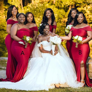 Sexy Mermaid Red Side Slit Off the Shoulder Long Maid of Honor Dresses Online, WG961