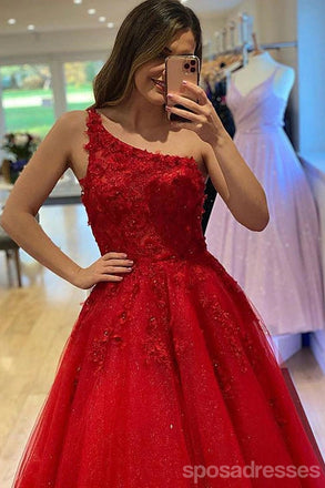 Red A-line One Shoulder Cheap Long Prom Dresses, Evening Party Dresses,12856
