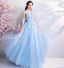 Blue A-line Short Sleeves Jewel Long Prom Dresses Online, Dance Dresses,12798