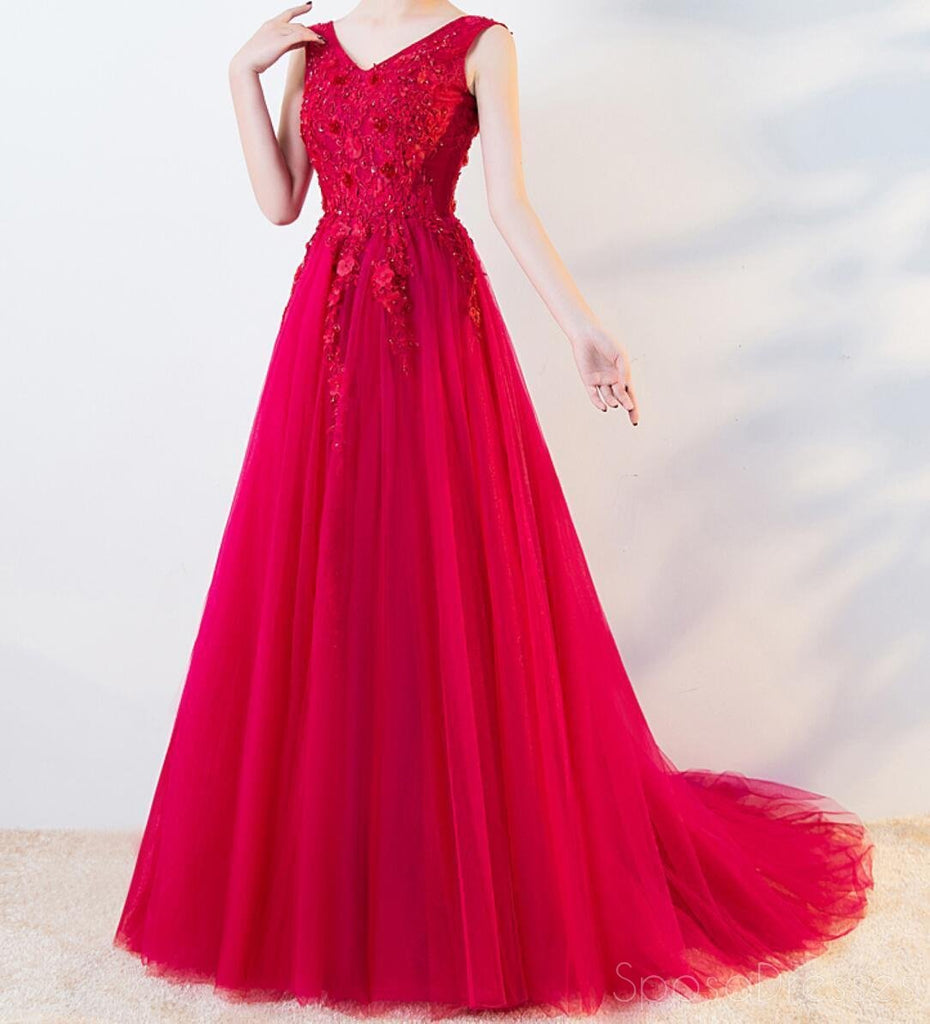 Bright Red A-line V-neck Lace Cheap Long Evening Prom Dresses, Evening ...