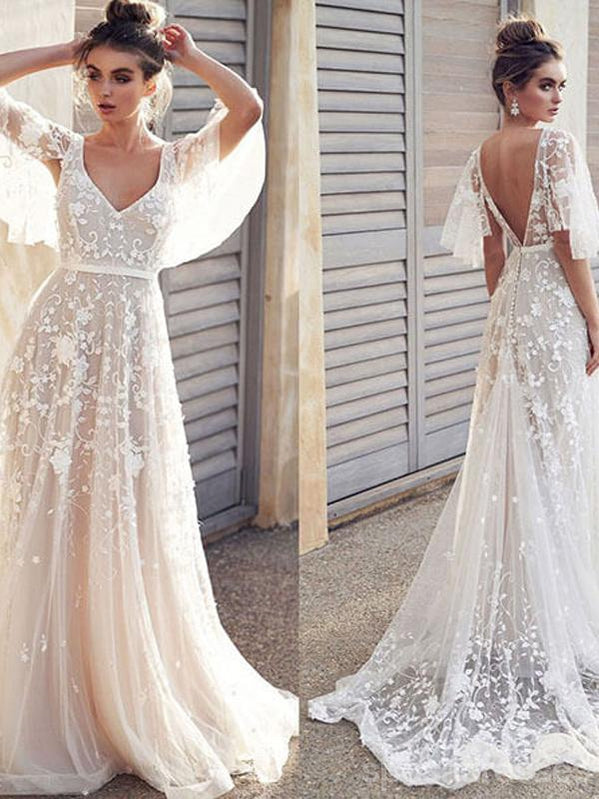 Half Sleeves A-line V-neck Backless Handmade Lace Wedding Dresses,WD736