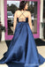 Navy Blue A-line Spaghetti Straps V-neck Cheap Long Prom Dresses,12832