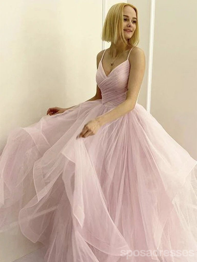 Simple A-line Pink Spaghetti Straps V-neck Cheap Long Prom Dresses Online,12680
