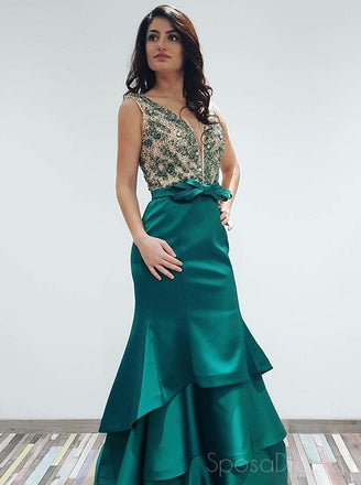 V Neck Emerald Green Mermaid Long Evening Prom Dresses, Cheap Sweet 16 Dresses, 18338