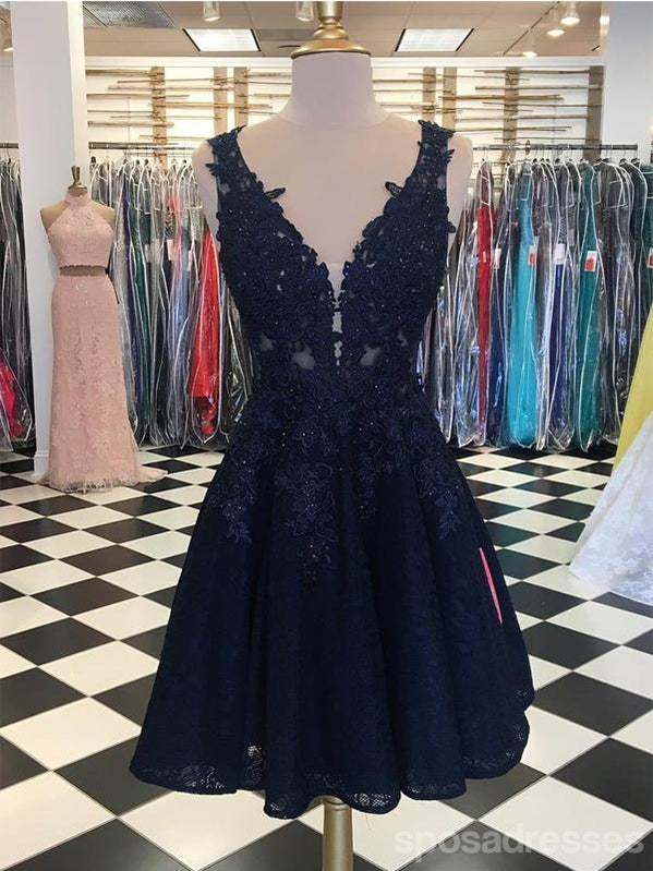 Navy Lace Beaded V Neck Short Cheap Homecoming Dresses Online, CM584 SposaDresses Navy Lace Beaded V Neck Short Cheap Homecoming Dresses Online, CM584 SposaDresses