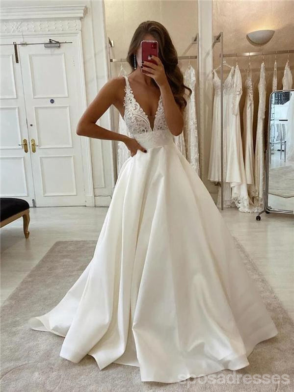 V Neck Lace Cheap Wedding Dresses Online, Cheap Unique Bridal Dresses, WD594
