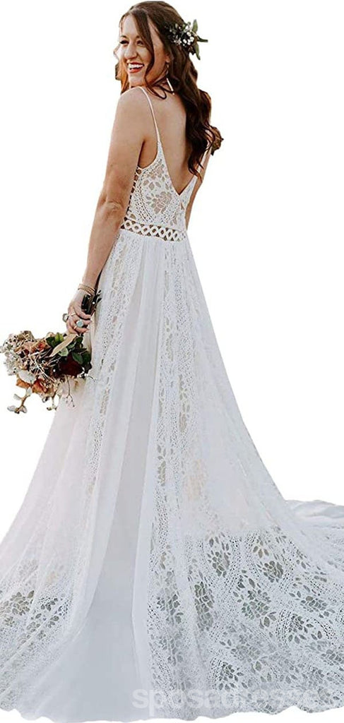 Simple V Neck Lace A-line Wedding Dresses, Cheap Wedding Gown, WD726