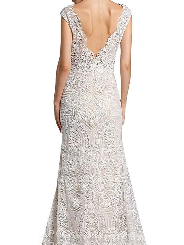 Mermaid V Neck Sleeveless Lace Wedding Dresses, Cheap Wedding Gown, WD729