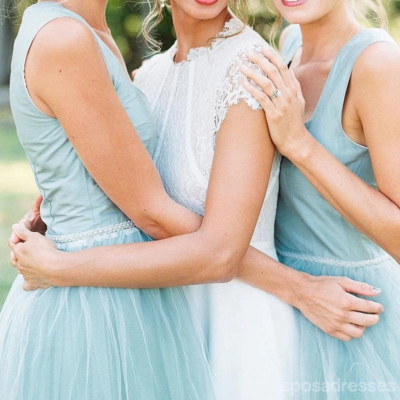 Blue Tulle A-line Sleeveless Cheap Short Bridesmaid Dresses Online, WG799