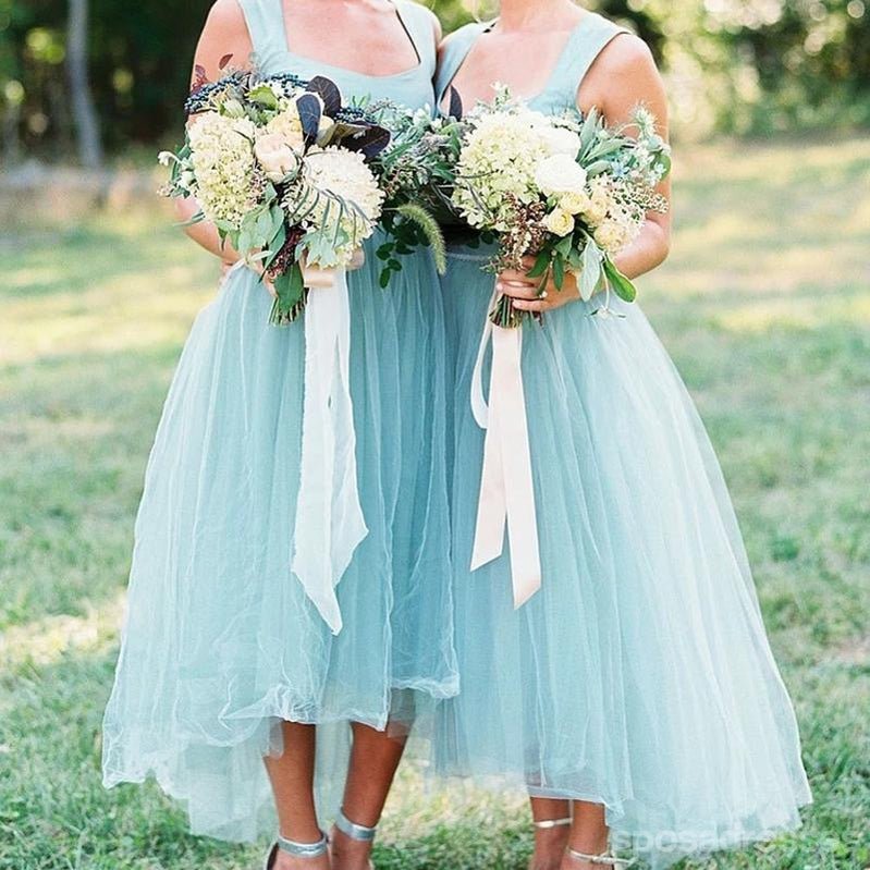 Blue Tulle A-line Sleeveless Cheap Short Bridesmaid Dresses Online, WG799