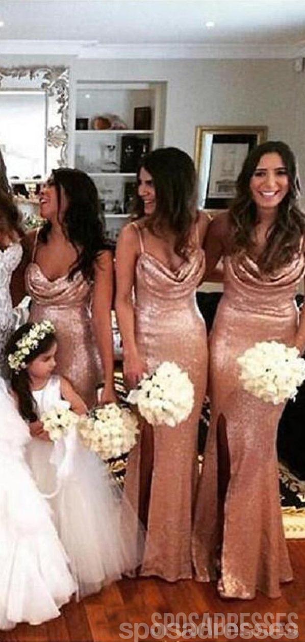 Mermaid Side Slit Spaghetti Straps Sequin Long Bridesmaid Dresses Onli – SposaDresses