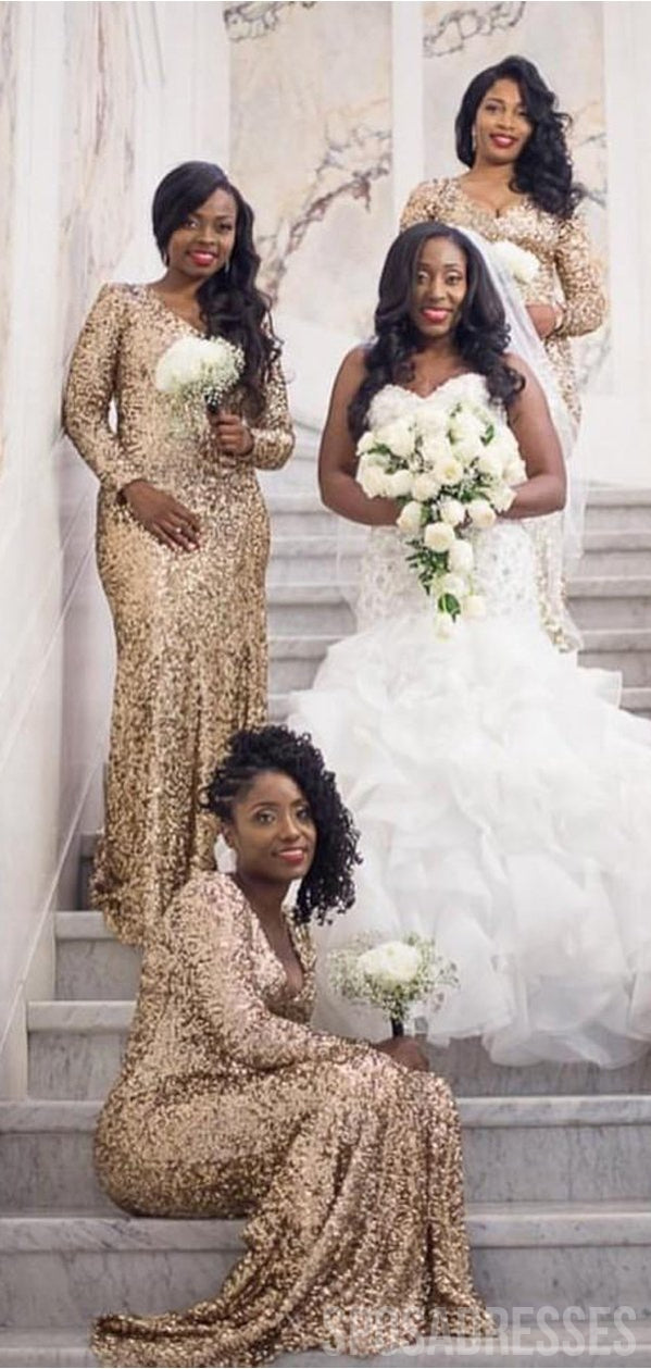 Sexy Mermaid Long Sleeves Gold Sequin Long Bridesmaid Dresses Online, SposaDresses Sexy Mermaid Long Sleeves Gold Sequin Long Bridesmaid Dresses Online, SposaDresses