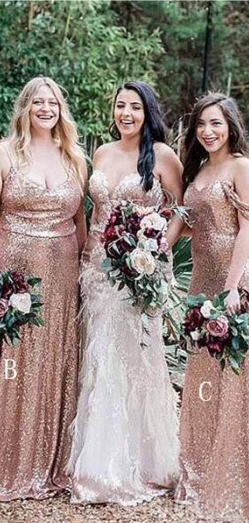 A-line Sleeveless Strapless Long Sequin Bridesmaid Dresses Online, WG892