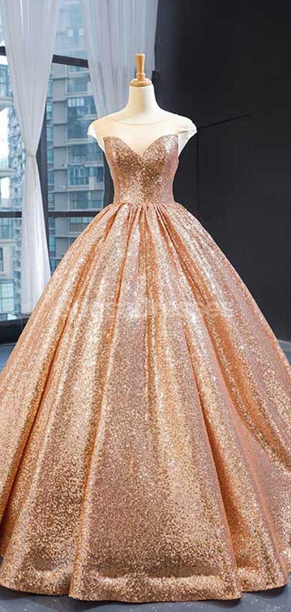 Cap Sleeves Rose Gold Sequin Evening Prom Dresses, Evening Party Prom