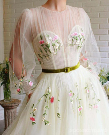 Cute Yellow A-line Long Sleeves V-neck Cheap Prom Dresses Online,12707