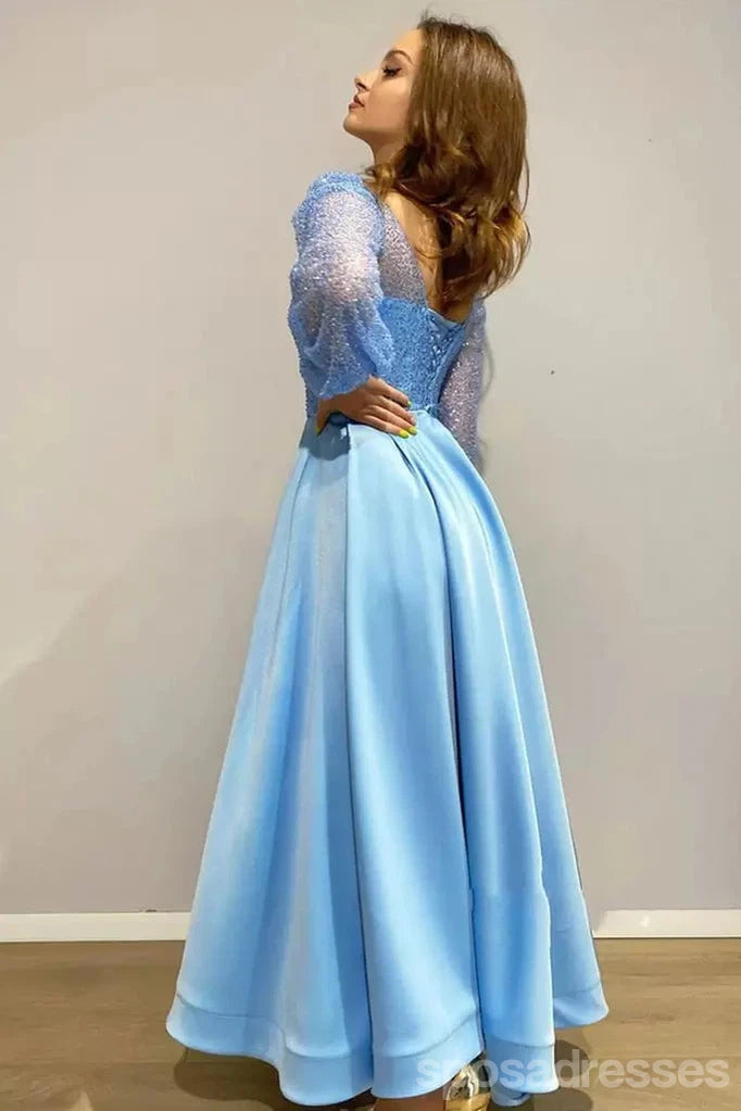 Blue A-line Long Sleeves High Slit Cheap Long Prom Dresses Online,12908
