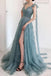 Gorgeous A-line High Slit V-neck Long Prom Dresses Online,Evening Party Dresses,12704