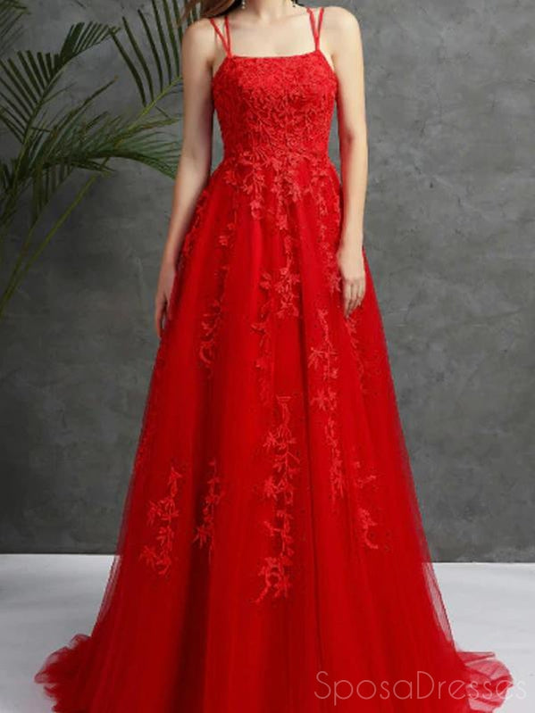 A-line Applique Spaghetti Straps Long Prom Dresses, Sweet 16 Prom Dresses, 12448