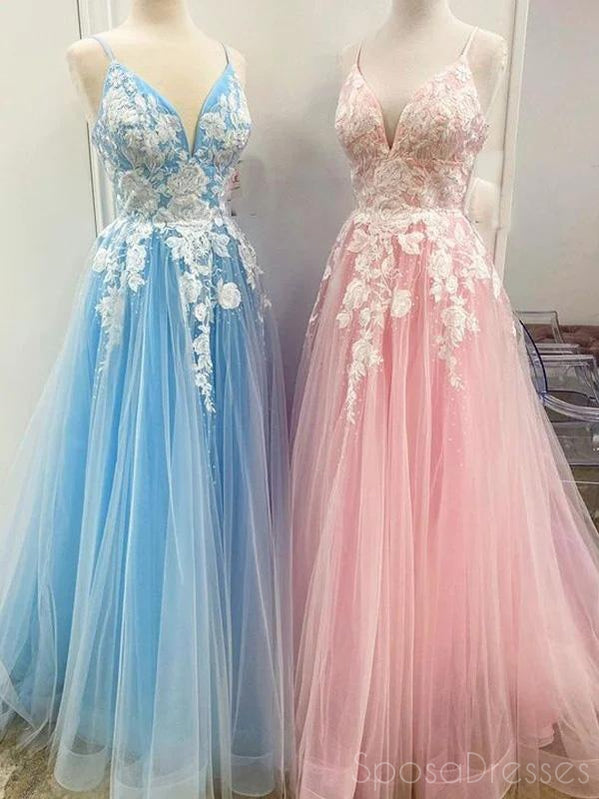 Beautiful A-line Tulle Applique Long Prom Dresses, Sweet 16 Prom Dresses, 12516