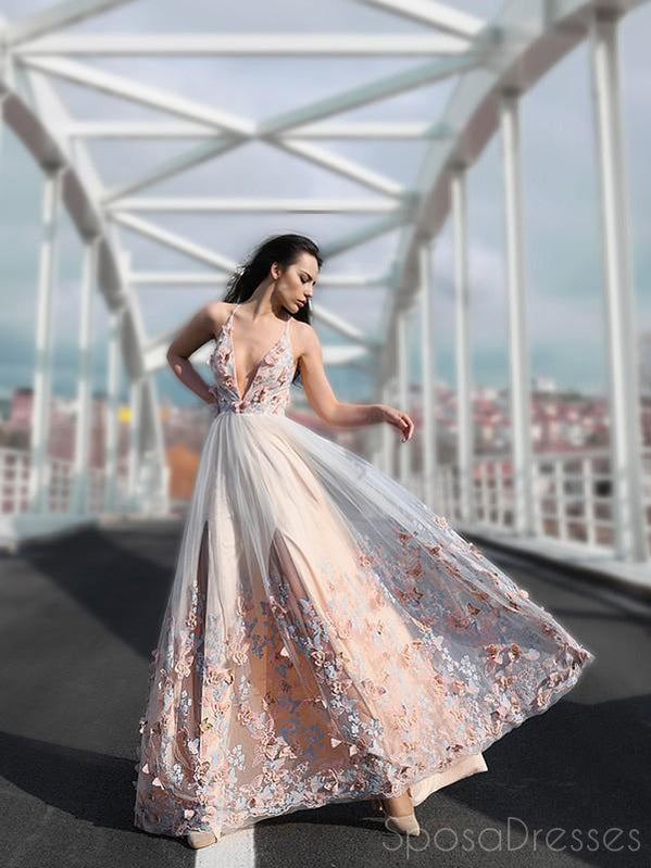 A-line Deep V Neck Sleeveless Long Prom Dresses, Sweet 16 Prom Dresses, 12420