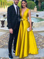 A-line Deep V Neck Sleeveless Long Prom Dresses, Sweet 16 Prom Dresses, 12388