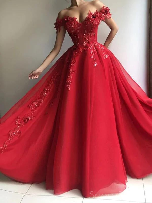 Red A-line Off The Shoulder Long Prom Dresses, Sweet 16 Prom Dresses, 12413