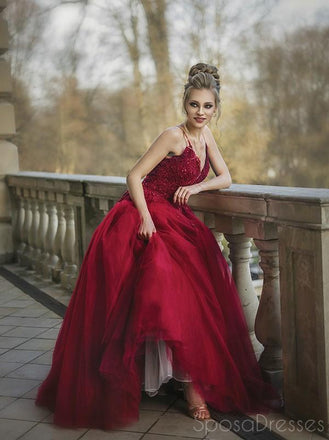 Red Lace Applique Sleeveless Long Prom Dresses, Sweet 16 Prom Dresses, 12404