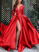 Red A-line V Neck Long Sleeves Long Prom Dresses, Sweet 16 Prom Dresses, 12405