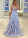 Tulle Off Shoulder A-line Blue Long Prom Dresses, Sweet 16 Prom Dresses, 12384