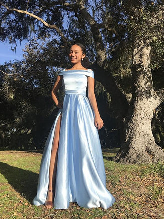 A-line Off The Shoulder Side Slit Long Prom Dresses, Sweet 16 Prom Dresses, 12399