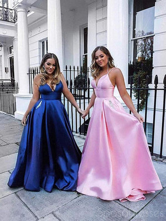 A-line Pink V Neck Spaghetti Straps Prom Dresses, Sweet 16 Prom Dresses, 12454