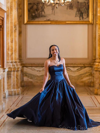 A-line Strapless Sweetheart Navy Simple Prom Dresses, Sweet 16 Prom Dresses, 12403