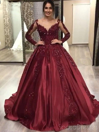 Burgundy Long Sleeves Applique Prom Dresses, Sweet 16 Ball Gown Dresses, 12444