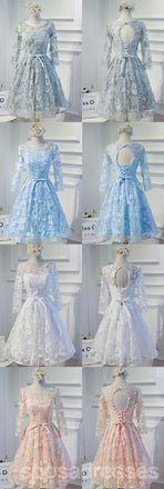 Long Sleeve Grey Lace Modest Homecoming Prom Dresses, Affordable Short Party Prom Dresses, Perfect Homecoming Dresses, CM296