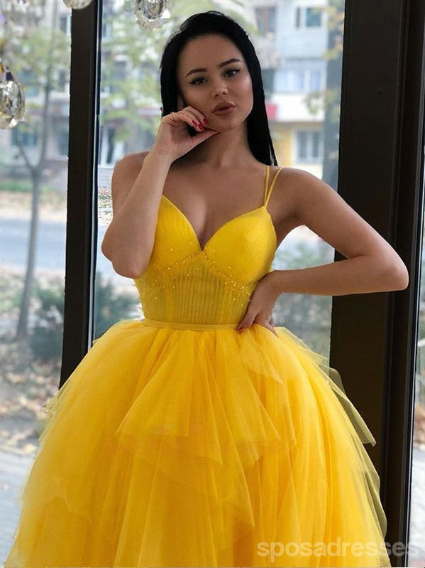 Yellow A-line Spaghetti Straps High Low Cheap Maxi Long Prom Dresses,13258