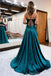 Teal Spaghetti Straps A-line High Slit Cheap Long Prom Dresses,13072
