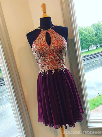 Green Gold Lace Halter Cheap Homecoming Dresses Online, Cheap Short Prom Dresses, CM736