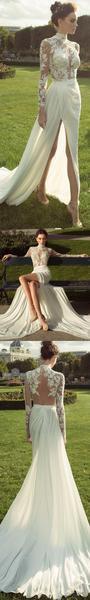 Long Sleeve High Neckline See Through Open Back Lace Wedding Dresses,  WD205