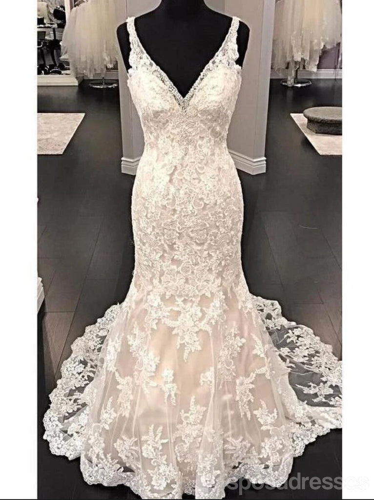 Sexy Backless V Neck Lace Mermaid Wedding Dresses Online, Cheap Bridal Dresses, WD636