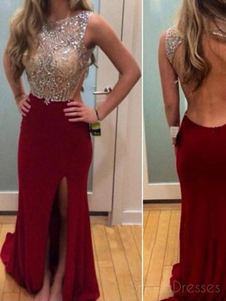 Burgundy Sexy Backless Side Slit  Prom Dresses online, Dresses for Prom, PD0027
