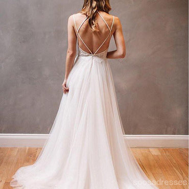 Simple Long A-Line Backless Wedding Dresses, Tulle Wedding Party Dresses, WD0013
