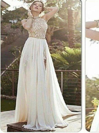 Sexy Lace Backless Long Chiffon Prom Dresses, High Neckline Halter Side Slit Prom Dresses, PD0018