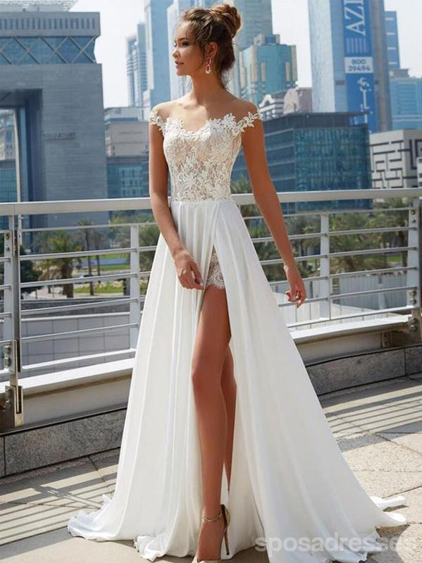 Off Shoulder See Through Cheap Wedding Dresses Online, Side Slit A-lin SposaDresses Off Shoulder See Through Cheap Wedding Dresses Online, Side Slit A-lin SposaDresses