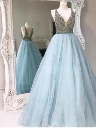 Light Blue Backless A line Evening Prom Dresses, Sexy Deep V neckline Party Prom Dress, 17048