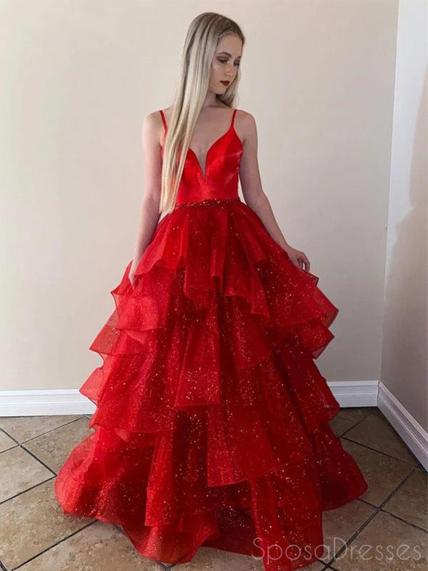 A-line Spaghetti Straps Red Long Prom Dresses, Sweet 16 Prom Dresses, 12509