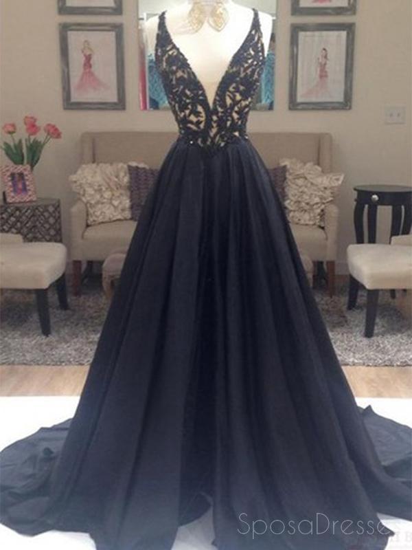Black A-line Elegant Deep V-Neck Prom Dresses, Black Long Evening Party Dresses, PD0198