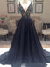 Black A-line Elegant Deep V-Neck Prom Dresses, Black Long Evening Party Dresses, PD0198
